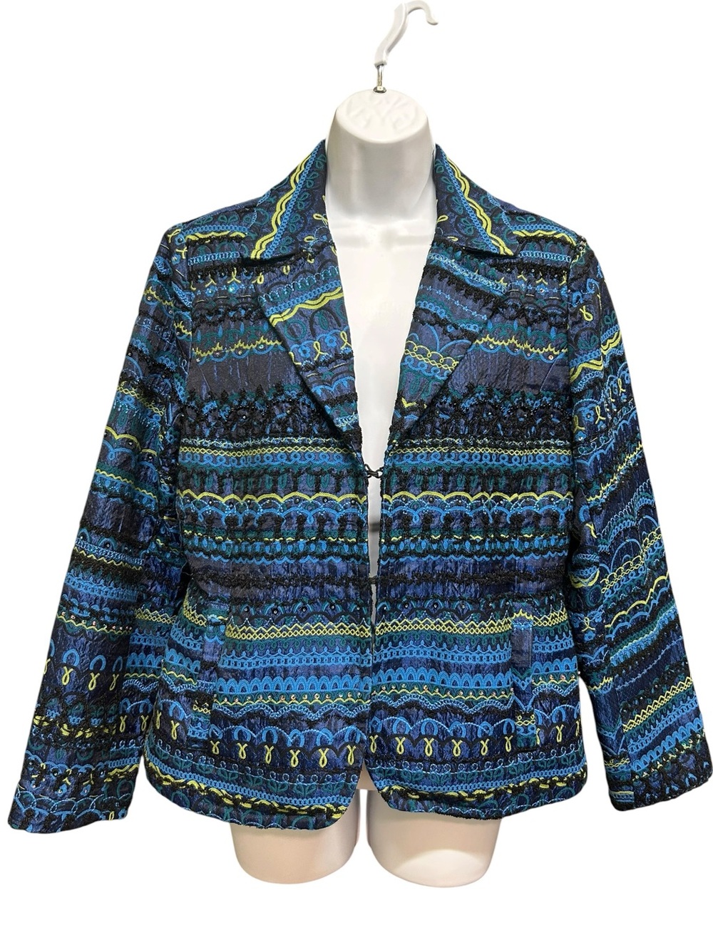 Chico's Embroidered Beaded Sequin Blazer Jacket Blue Black Hook Closure Size S